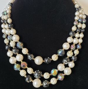 Vintage Japan Multi-Strand Pearl and Faceted Black Beaded Necklace